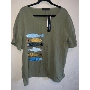 Gracila Fish Blouse Nautical Florida Tropical Artsy Gauzy Beach Hippie New 3XL